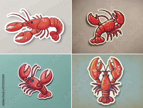 Four cartoon-style lobsters appear against various backgrounds. Each lobster shows vibrant colors and playful features, ideal for seafood-themed art or design projects.