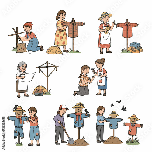 People making scarecrows in a field autumn harvest