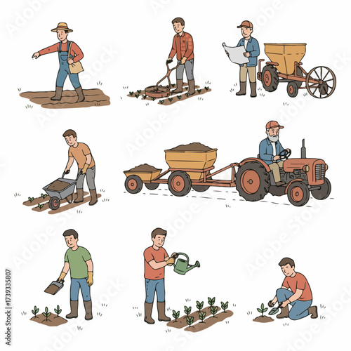 Farming process steps with people and equipment