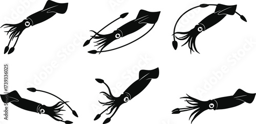 Black Squid Silhouettes in Dynamic Swimming Poses with Tentacles and Fins – Marine Life Vector Set for Ocean-Themed Designs