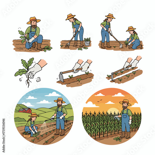 Farmers working in fields with crops and vegetables