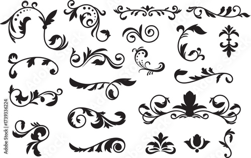 Flourishing decorative elements for retro design. Ornaments in the form of patterns, swirls, and flourishes. Vintage borders, frames, and patterns for invitations and certificates. A vector set.