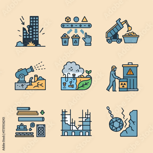 This image depicts various icons relating to construction, demolition, and environmental remediation, presented in a 3x3 grid on a light beige background.