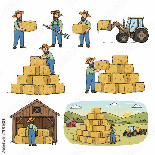 Farmer working with hay bales in rural landscape