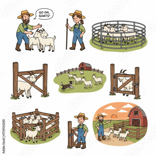 Goats on farm with farmers and fences