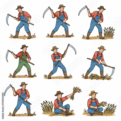 Farmer harvesting wheat with scythe in various poses