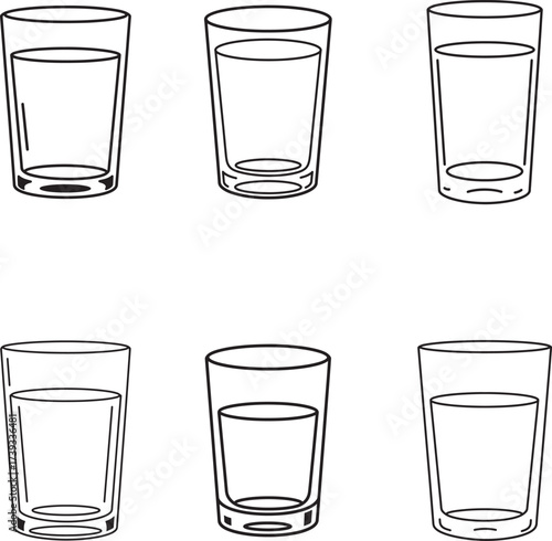 Simple hand drawn sketch of six glasses of water on a white background