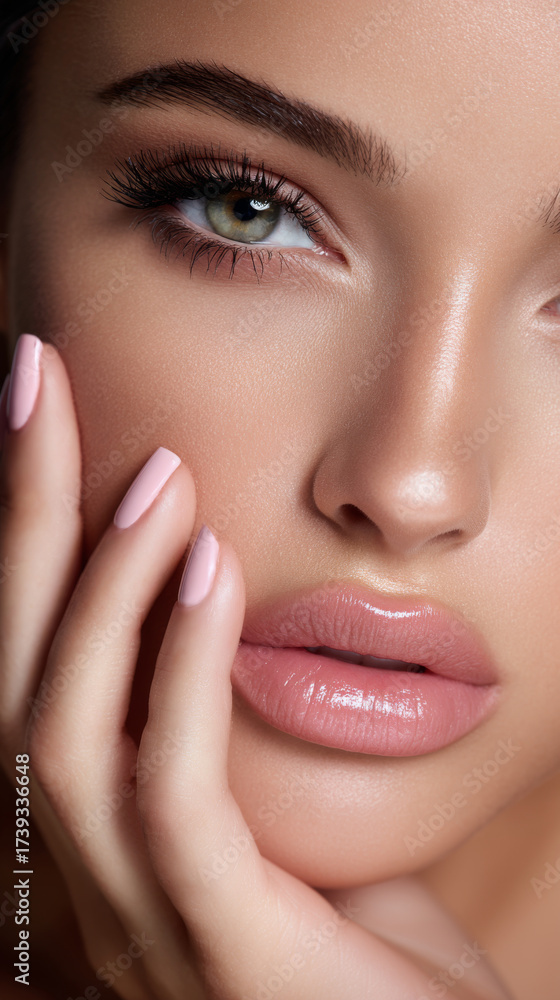 Fototapeta premium Soft pink nails and glossy lips enhance close up of woman flawless skin and green eye, creating delicate and elegant beauty