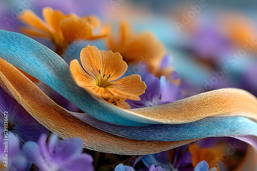 Vibrant Floral and Silk Ribbon Composition for Spring Design and Decor