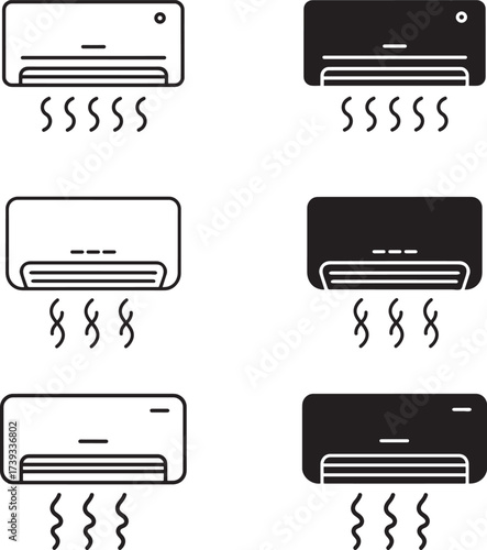 Collection of six modern air conditioner units in white and black with cooling air flow