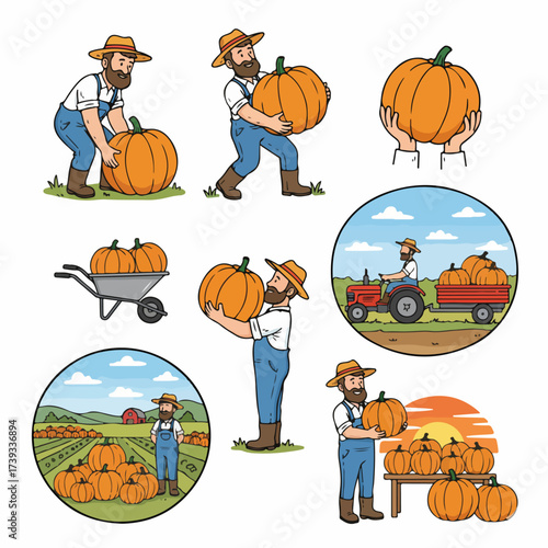 Farmer harvesting pumpkins in field with various activities