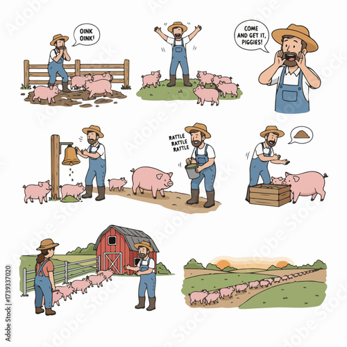 Farmer herding pink pigs on a rural farm scene