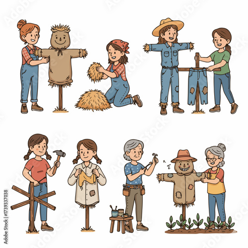 People building a scarecrow in a field