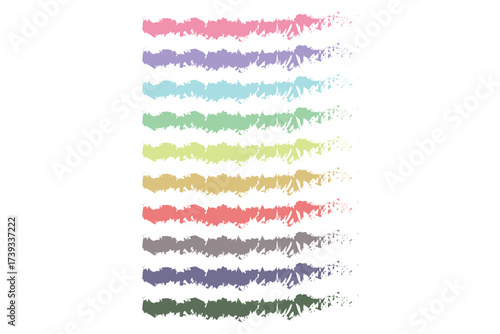  Horizontal stack of distressed, colorful brushstroke stripes with fragmented edges, presenting a textured abstract pattern on a light grey background.