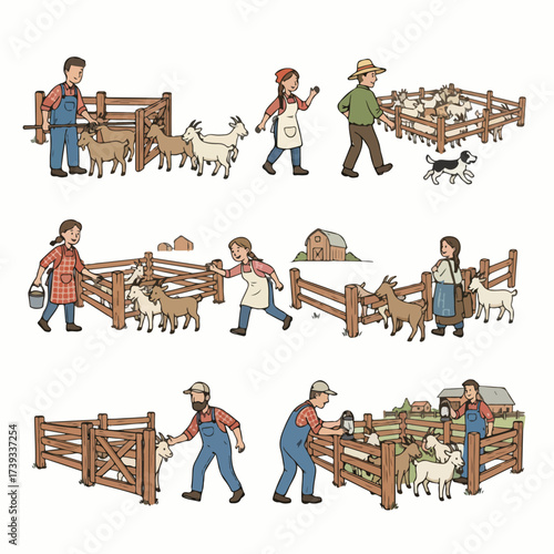 Goats on farm with people tending and caring