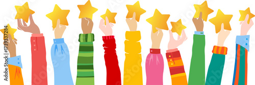 Hands up and holding golden stars. Vector horizontal border with colorful decoration elements.