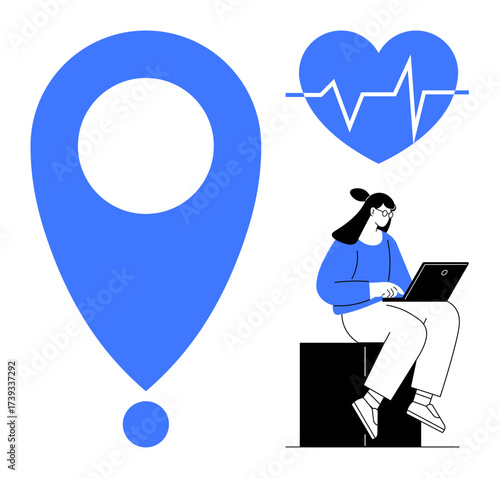 Woman seated with laptop, blue location pin, and heart with heartbeat line. Ideal for health tech, work-life balance, tracking, productivity, wellness telemedicine and location services. Simple