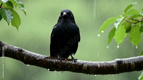 A solitary black crow perches on a wet tree branch during a gentle rain shower, observing its surroundings.