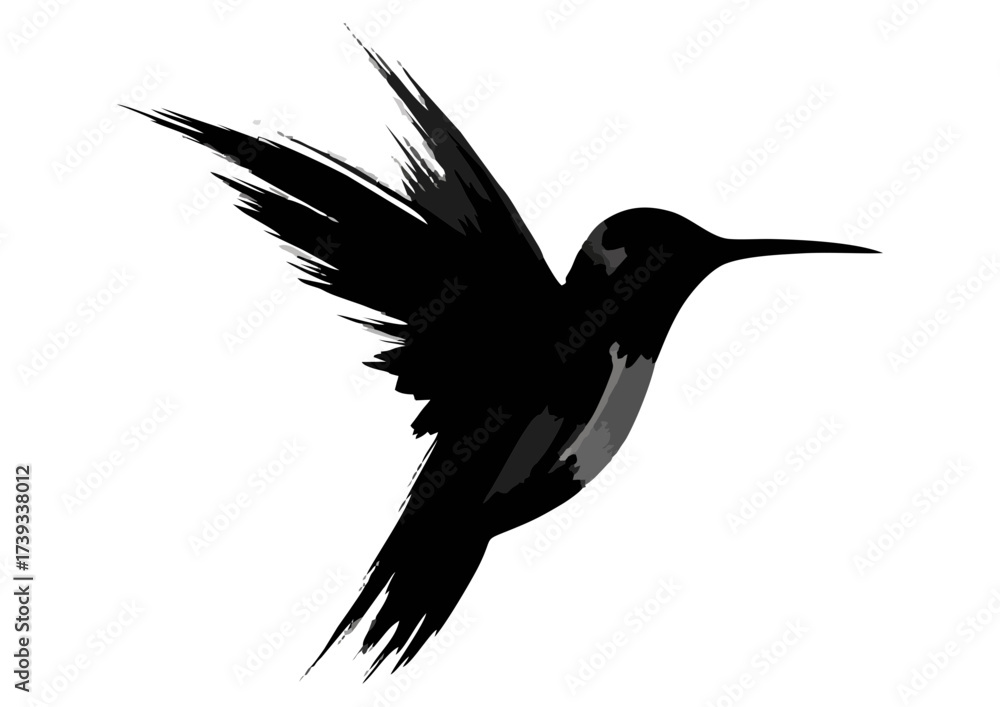 Obraz premium Black bird silhouette with geometric wings on white background and copy space