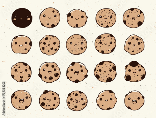 A collection of cookies displaying different happy facial expressions, each uniquely designed.