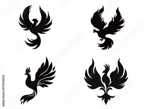 Four distinct representations of the phoenix, a symbol of rebirth and resilience, showing different artistic styles and wing formations in black color.