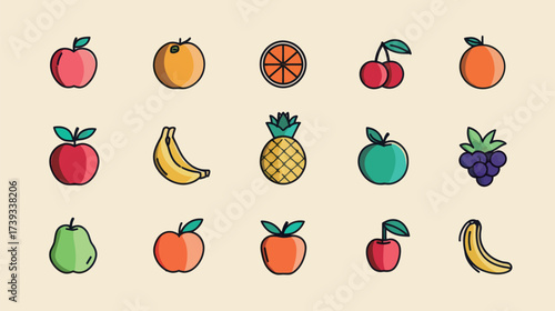 A variety of fruits are displayed in a grid format. The fruits include apples, oranges, cherries, bananas, and more. Each fruit is illustrated in a simple style.