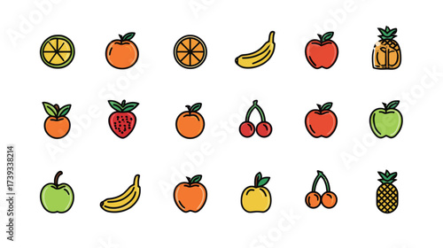 Vibrant illustrations of various fruits including lemons, oranges, bananas, and apples are displayed in a neat row.