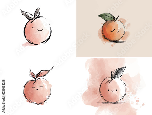 These four charming peach drawings feature different designs and colors, presenting a playful and artistic take on this beloved fruit. Each peach has its own unique expression.