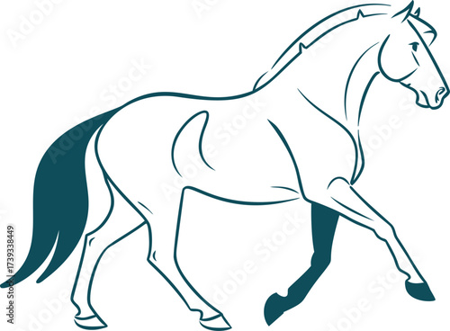 Cartoon horse outline vector illustration, majestic animal in a walking pose, black line art drawing on a white background. Graceful equine character for branding, mascot, or farm design projects.