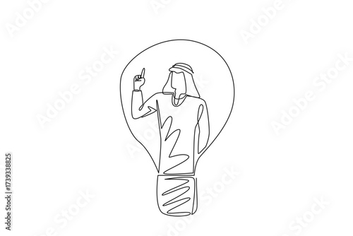Single continuous line drawing Arabian man with gestures got an idea in a lightbulb. Brilliance of ideas. Clarity of thinking. Genius. National Creativity Day. One line design vector illustration