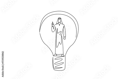 Single one line drawing Arabian man with gestures got an idea inside a lightbulb. Stand with high confidence. Bringing new ideas. National Creativity Day. Continuous line design graphic illustration