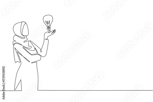 Continuous one line drawing Arab woman raises and open palm with lightbulb floats above palm. Think seriously for the best solution National Creativity Day. Single line draw design vector illustration