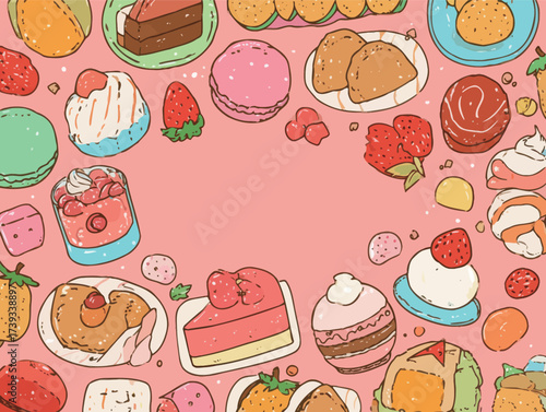 A vibrant layout showcases a variety of desserts including cakes, macarons, and candies. The pink backdrop enhances the appeal of these sweet treats.