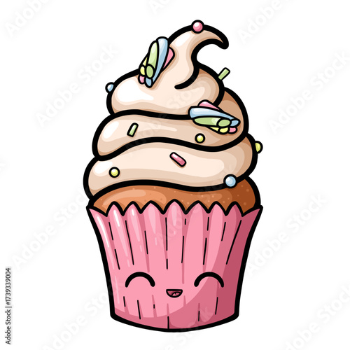 Cute cup cake decorated marshmallows and sweets. Design element for decoration for kids invitation card, print, kids design, stickers. Vector illustration isolated on transparent background.