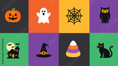 Twilight Trickery Halloween Icon Set — Pumpkin, Ghost, Web, Owl, Haunted House, Witch Hat, Candy Corn & Black Cat