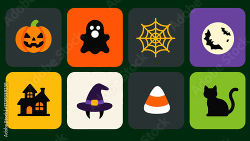 Moonrise Mischief Halloween Icons — Pumpkin, Ghost, Web, Full Moon, Haunted House, Witch Hat, Candy Corn & Black Cat