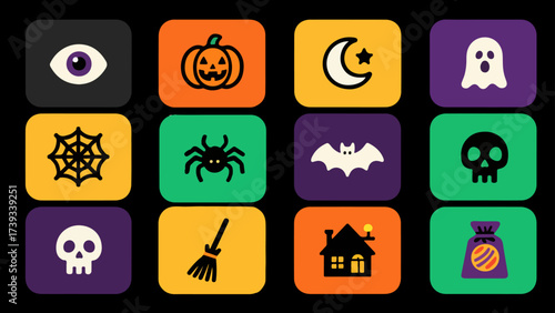 Arcane Night Halloween Icon Set — Eye, Jack-o’-Lantern, Moon, Ghost, Web, Spider, Bat, Skull, Broom, Haunted House & Treat Bag