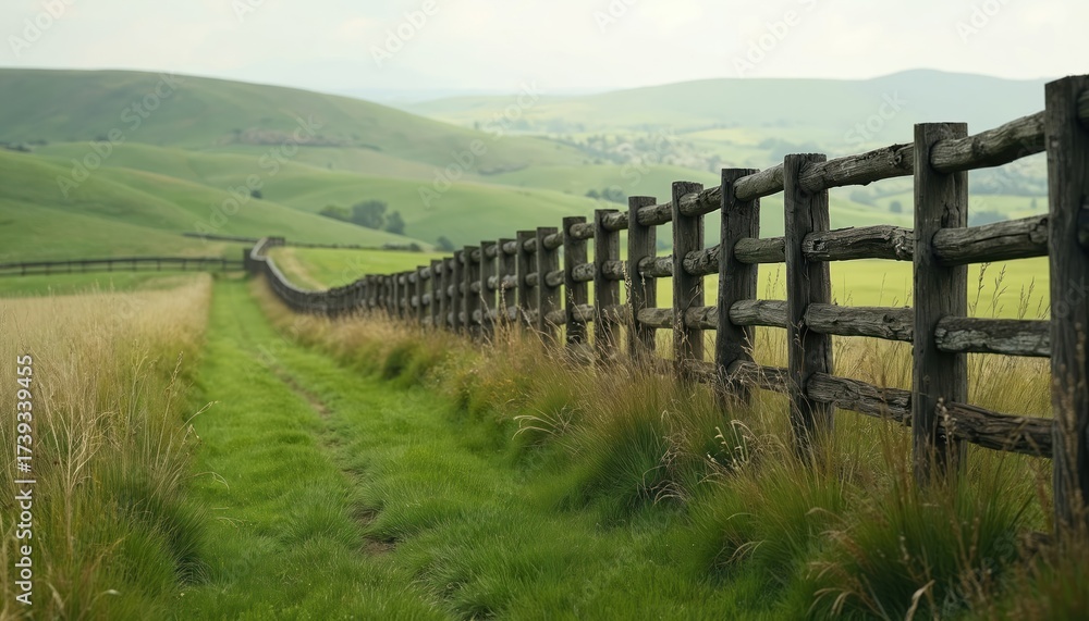 Obraz premium Old wooden fence divides rich green pasture on rolling hills under soft sky. Path leads through wild grass towards distant farmstead, peaceful countryside.