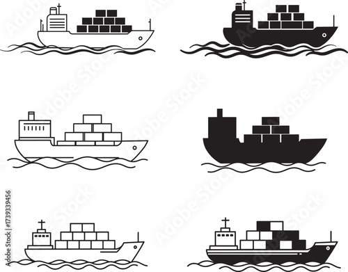 Collection of six hand drawn illustrations of cargo ships carrying containers on the sea