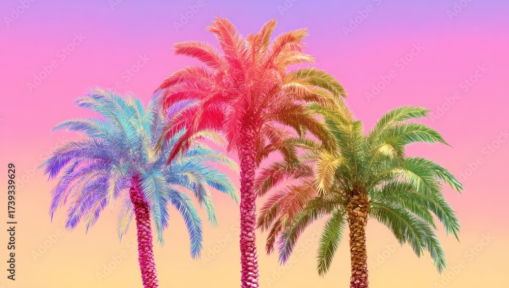 Naklejka premium Vibrant palm trees silhouetted against a colorful gradient sky of pink, orange, and yellow