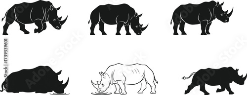 Rhinoceros Vector Set Showing Walking, Drinking, Grazing, Standing, and Pairing Poses for Wildlife, Nature, Animal Behavior, and Safari Concepts