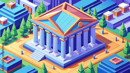 Isometric bank building vector with columns, rooftop, trees, 3D perspective, scalable structure, clean lines, professional rendering, vibrant colors, urban financial architecture, modern detailed 