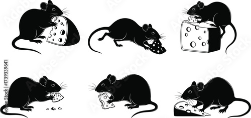 Set of black mouse silhouettes with cheese in various poses, vector icons for food, animals, rodents, and cartoon-style design.