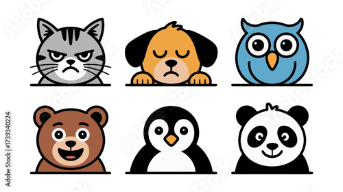 Vector art of cute animal cartoon characters cat, dog, owl, bear, penguin, and panda in a simple and adorable style