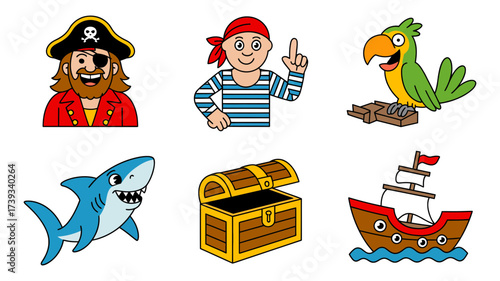 Vector art of pirate themed cartoon characters and objects, including a pirate, parrot, shark, treasure chest, and ship