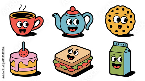 Vector art of cartoon food characters a cheerful collection of a coffee cup, teapot, cookie, cake, sandwich, and milk carton