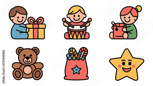 Vector art of cute cartoon set of children with toys a boy with a gift, a boy with a drum, a girl with a toy, a teddy bear, a bag of sweets and a star