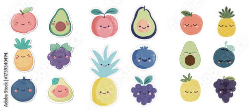 Various cartoon fruits featuring cheerful faces are displayed in vibrant colors. This playful arrangement includes peaches, avocados, and pineapples, creating a whimsical effect.