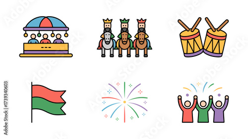 Vector art of three kings on horses, carousel, drums, flag, fireworks, and cheering people for epiphany celebration