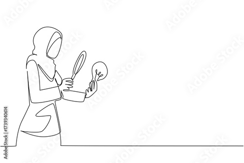 Single continuous line drawing Arab woman holds lightbulb and examines with magnifying glass. Checking the originality of ideas. Research. National Creativity Day. One line design vector illustration